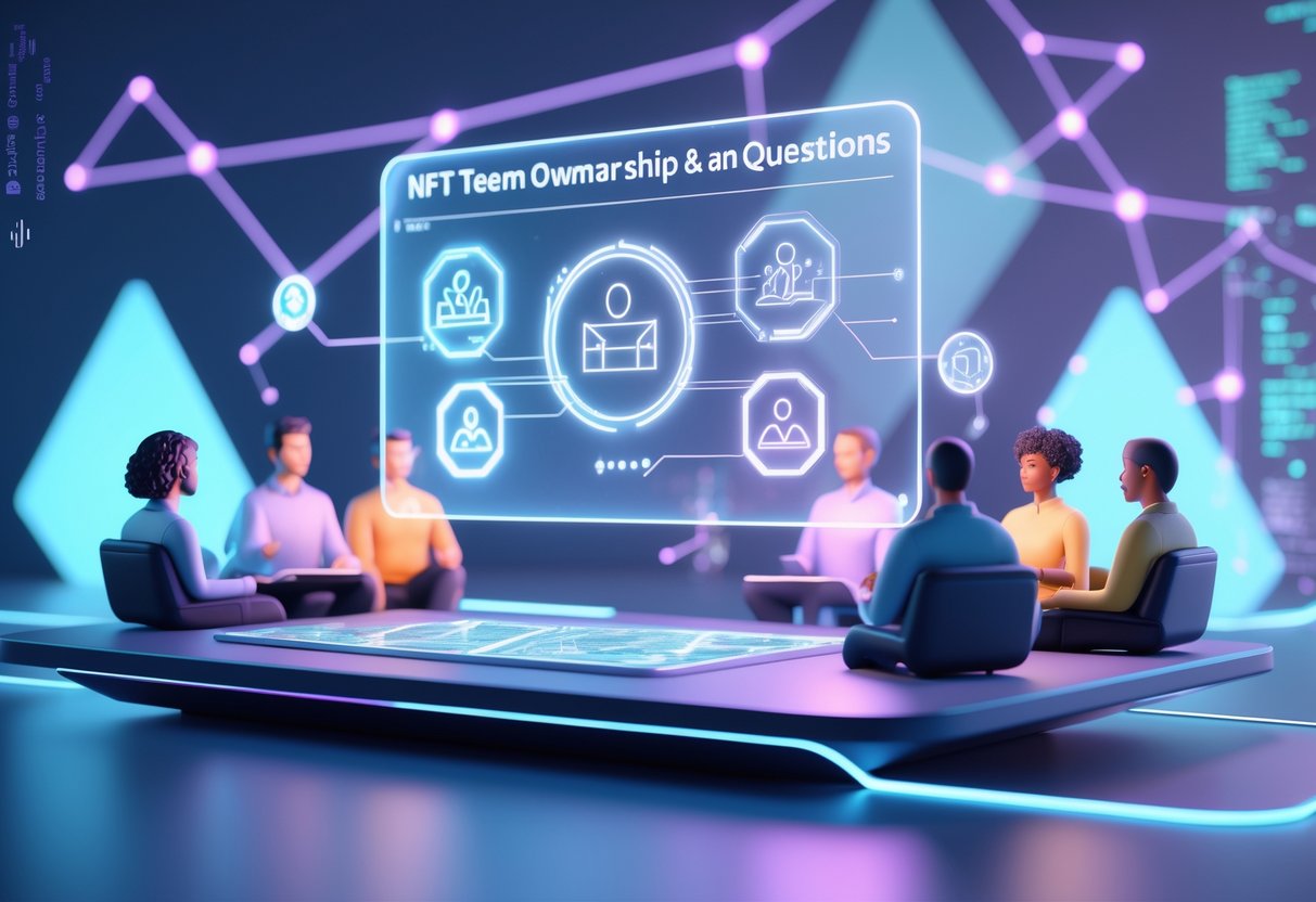 A futuristic digital workspace showing holographic interfaces and diverse team avatars connected by glowing lines, representing collaboration and ownership.