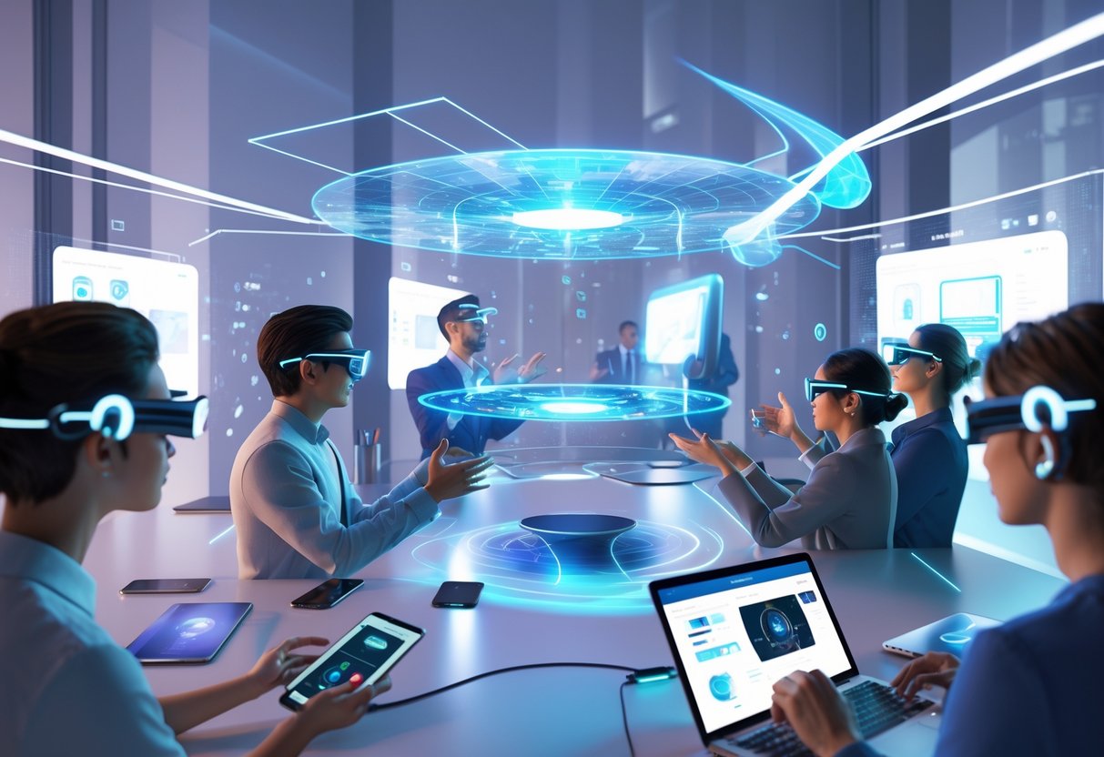People using augmented reality glasses and various devices to view shared 3D holographic displays in a modern urban environment.
