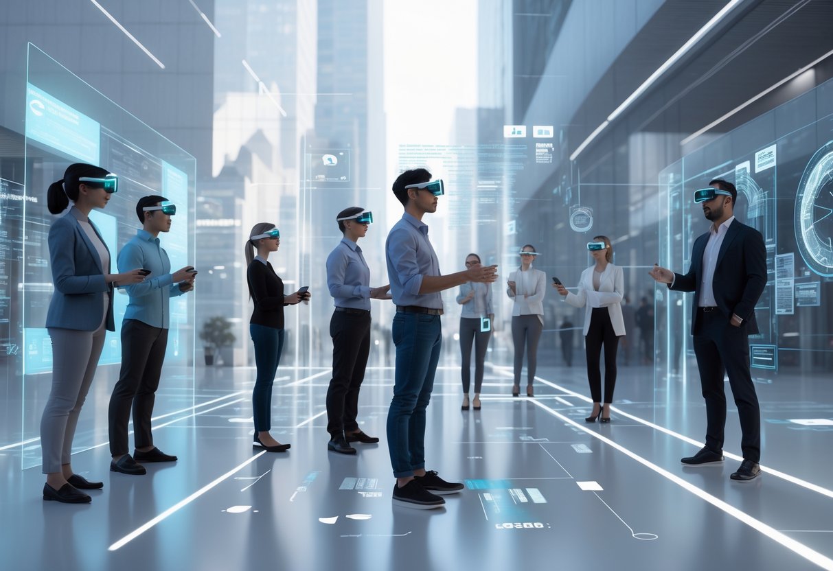 A group of people wearing AR and XR headsets interacting with holographic interfaces and digital avatars in a futuristic urban environment blending real and virtual elements.