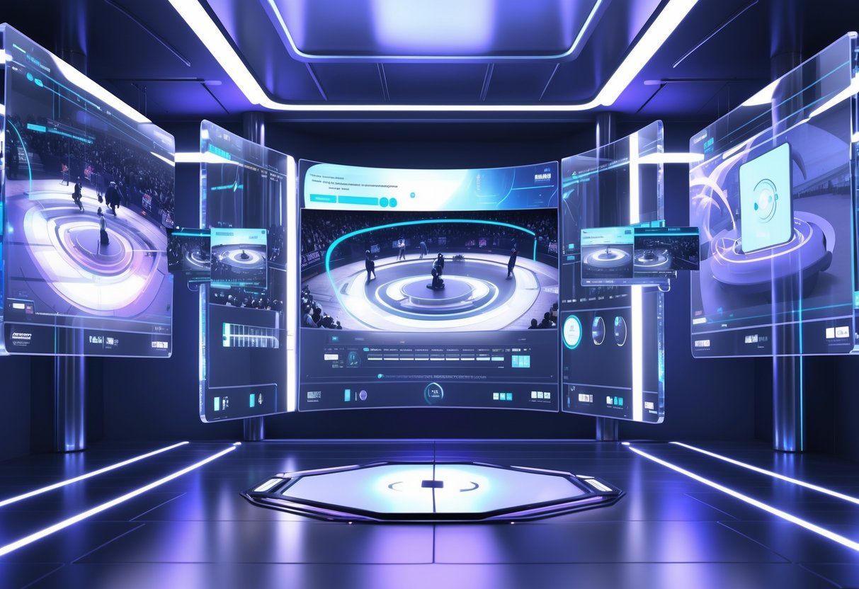 A futuristic control room with holographic screens showing multiple camera views of a live event, with people adjusting settings using augmented reality glasses.