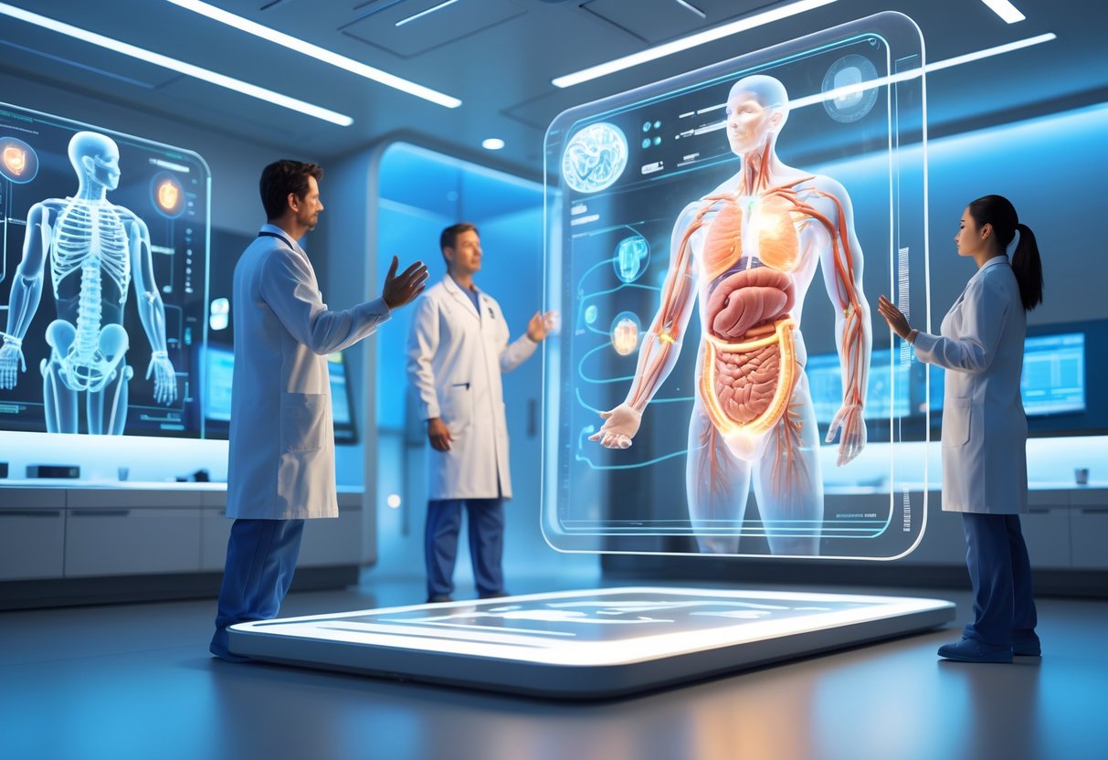 A medical training room with healthcare professionals interacting with glowing holographic displays of human anatomy.