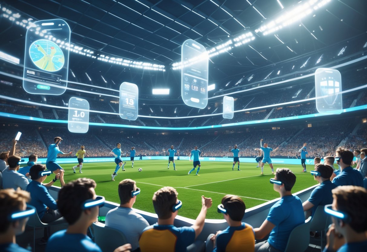 A sports stadium with spectators wearing augmented reality glasses watching a live football match, surrounded by holographic displays showing player statistics and highlights.
