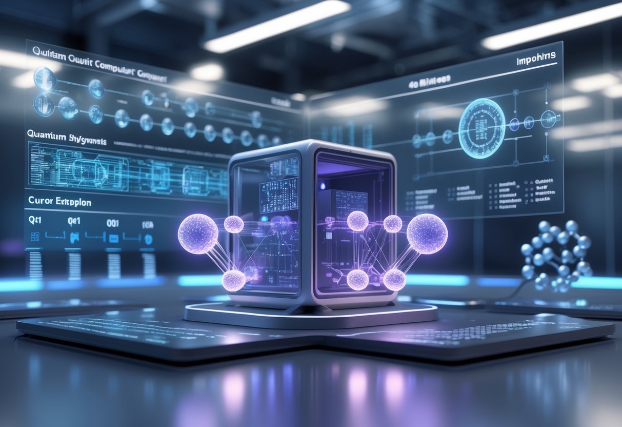 A 3D scene showing a futuristic quantum computer with glowing interconnected spheres, surrounded by holographic data panels and a timeline of key milestones in quantum technology.