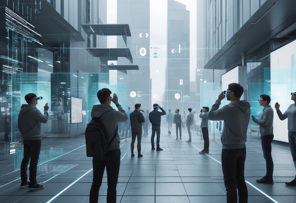 A group of people wearing AR glasses watch a live event with holographic displays showing glitches and misaligned visuals, highlighting difficulties in augmented reality spectator features.