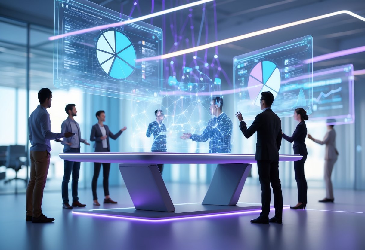 A group of people interacting with floating holographic displays showing graphs and network diagrams in a modern office space.