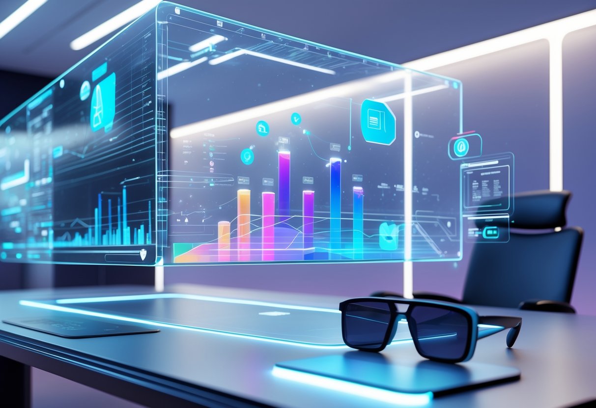 A futuristic workspace with a transparent holographic display showing floating 3D data and interactive digital elements above a modern desk.