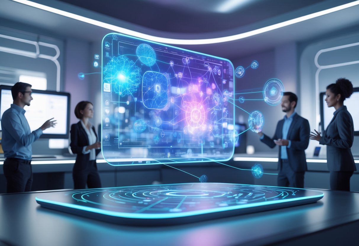 A modern workspace with people interacting with colourful holographic displays showing artificial intelligence graphics.
