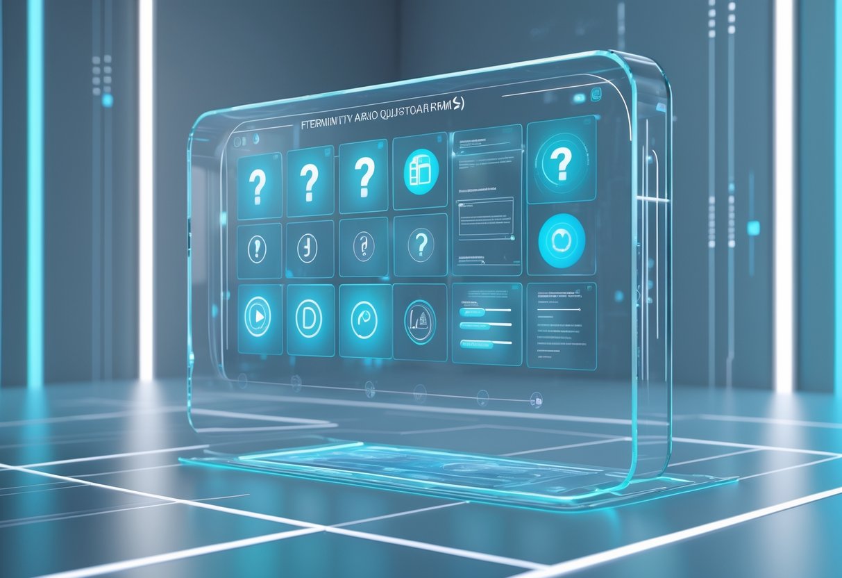 A 3D scene showing a futuristic holographic display with interactive question and information icons floating in a high-tech digital environment.