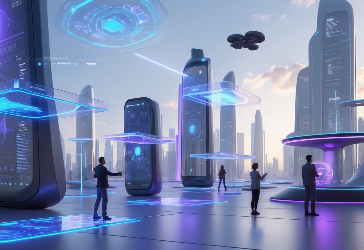 A futuristic cityscape with people interacting with floating holographic displays and projections in mid-air surrounded by modern buildings and flying vehicles.