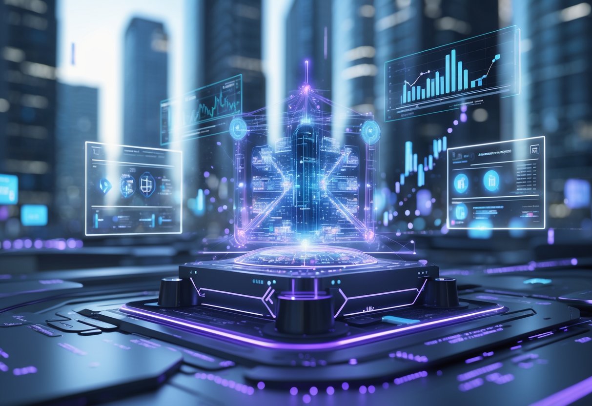 A futuristic city with a glowing quantum computer surrounded by floating financial data and interconnected networks representing advanced technology transforming financial services.