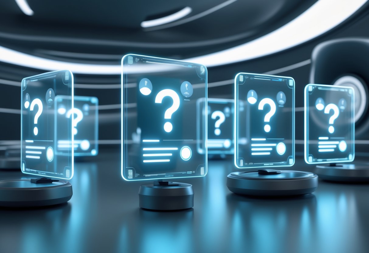 A futuristic scene with several glowing holographic displays showing floating question mark symbols in a dark, modern workspace.