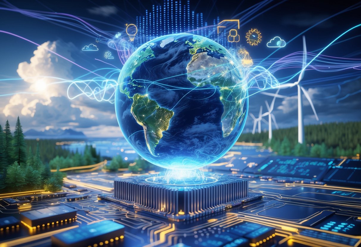 A futuristic quantum computer connected to a holographic Earth showing weather patterns and renewable energy sources with natural landscapes reflecting climate change effects.