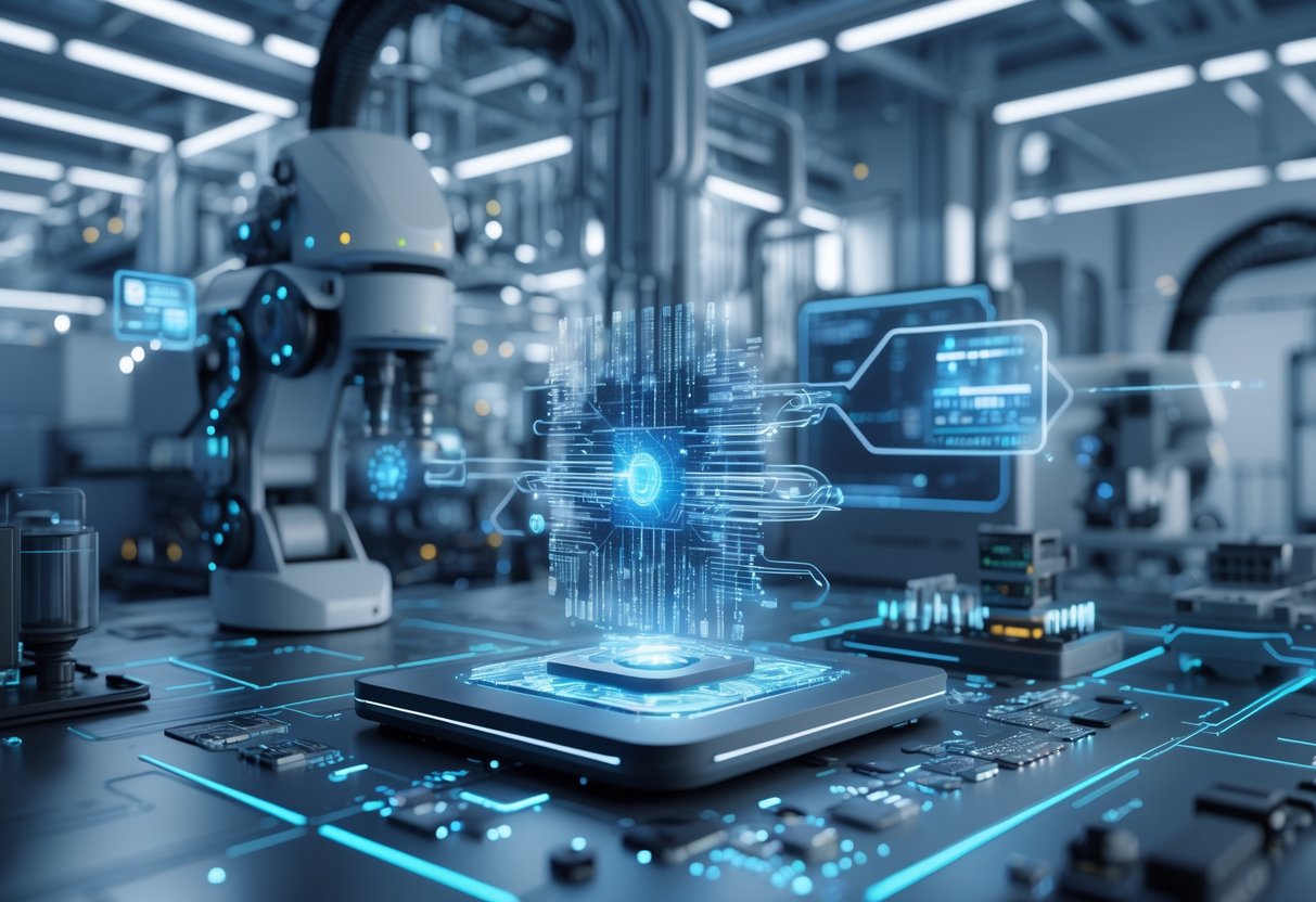 A futuristic industrial scene showing advanced machinery and a consumer device connected by glowing quantum circuits and floating particles representing quantum computing technology.