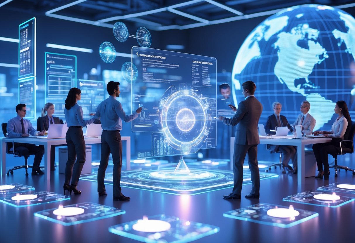 A futuristic office where diverse professionals work together using holographic quantum computers and digital interfaces, showing the evolution of skills influenced by quantum technology.