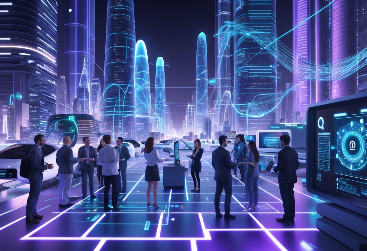 A futuristic city with glowing skyscrapers and people using holographic devices, surrounded by visual representations of quantum technology integrated into everyday life.