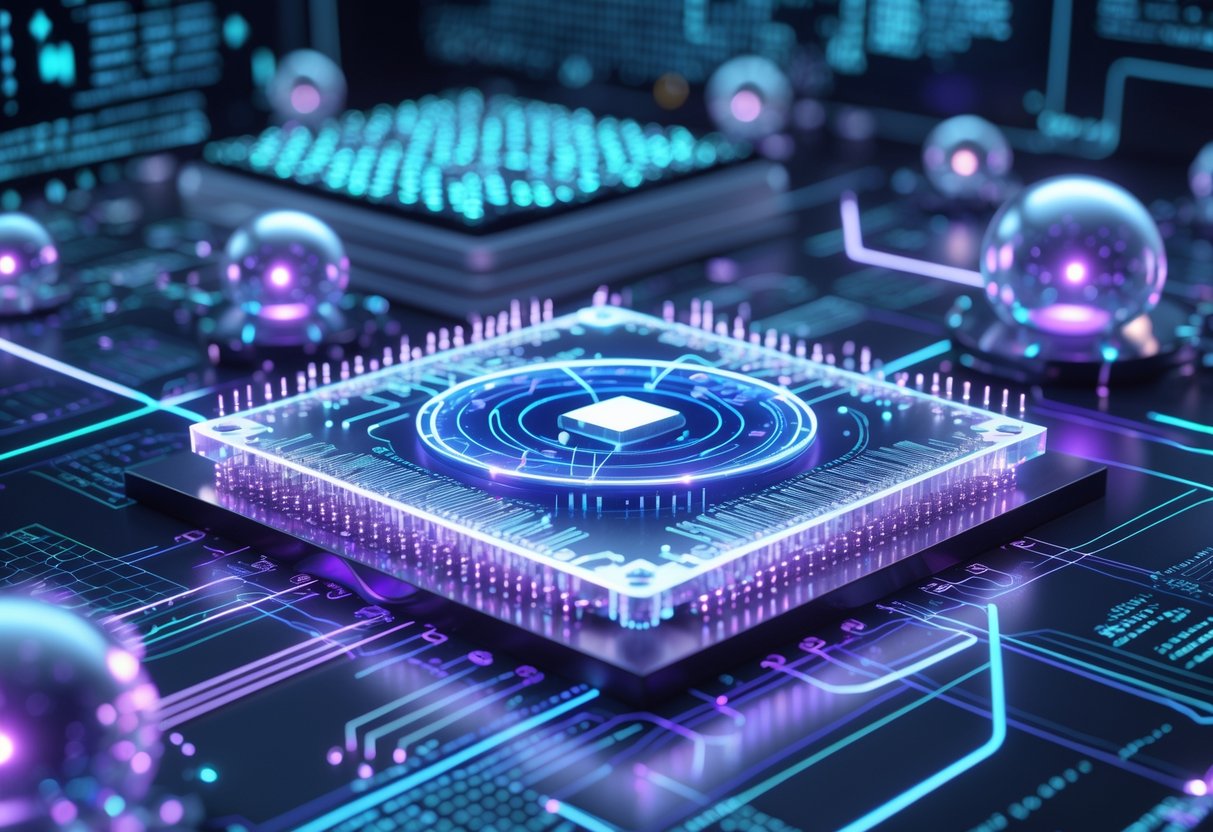 A 3D scene showing a glowing quantum processor surrounded by floating spheres and digital data streams representing quantum computing technology.