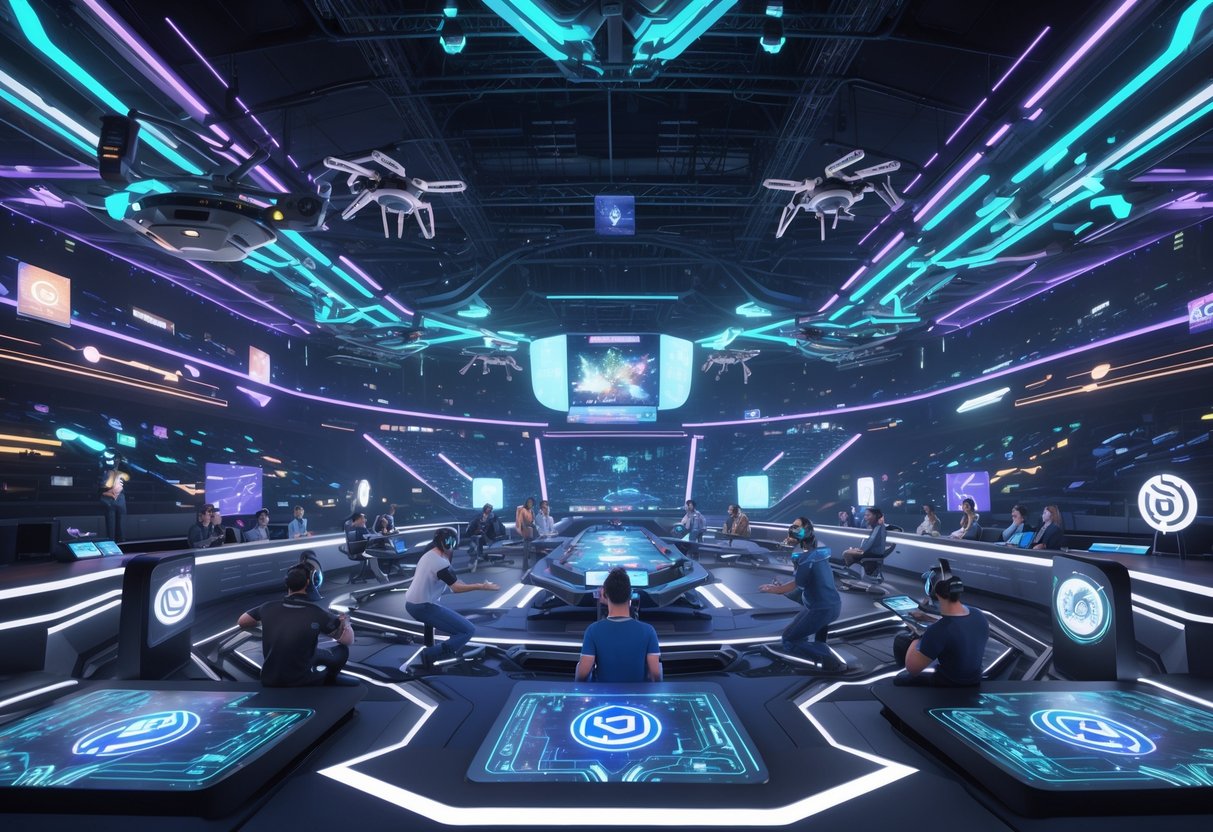 A futuristic digital tournament arena with players and holographic displays in a virtual environment.