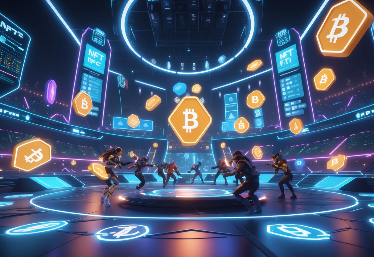 A futuristic digital arena with avatars competing in a virtual tournament surrounded by floating holographic art and digital interfaces representing unique digital assets and ownership.