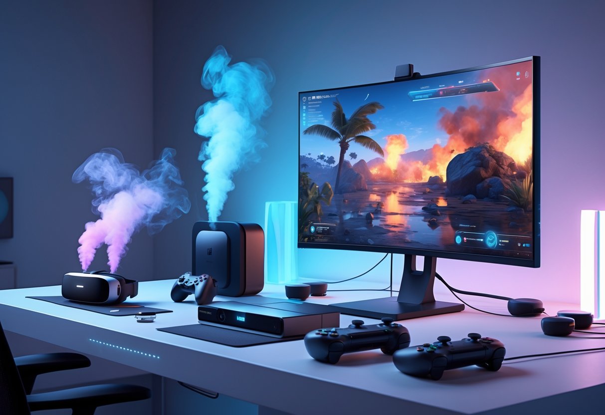A modern gaming setup with a console, VR headset, controllers, and a device emitting colourful vapour to represent smell technology.