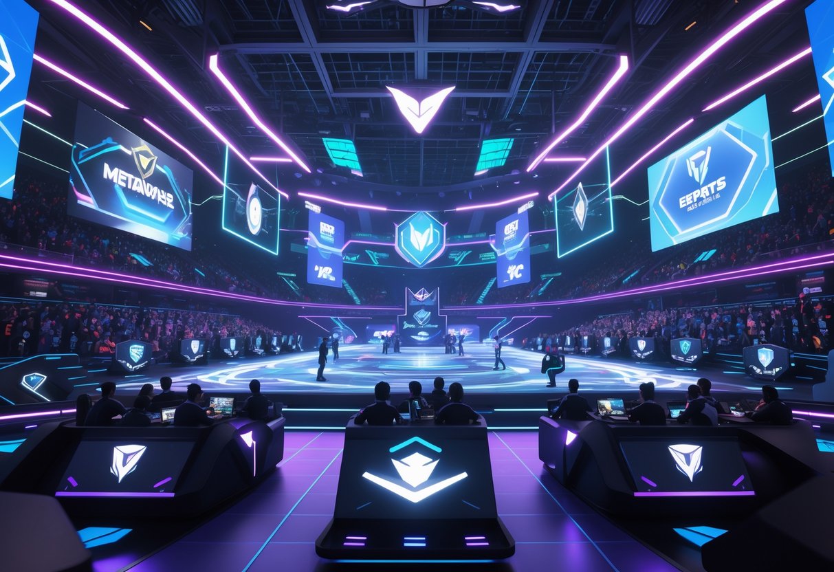 A futuristic virtual stadium filled with avatars competing in multiple gaming tournaments with glowing lights and digital displays.