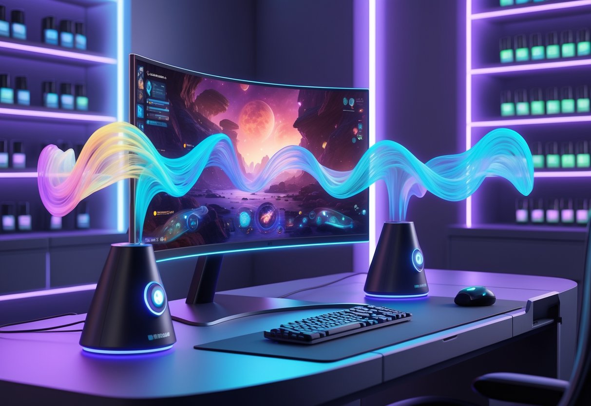 A futuristic gaming setup with a curved monitor and devices emitting colourful scent waves, showing a high-tech smell-o-vision system integrated into the gaming environment.