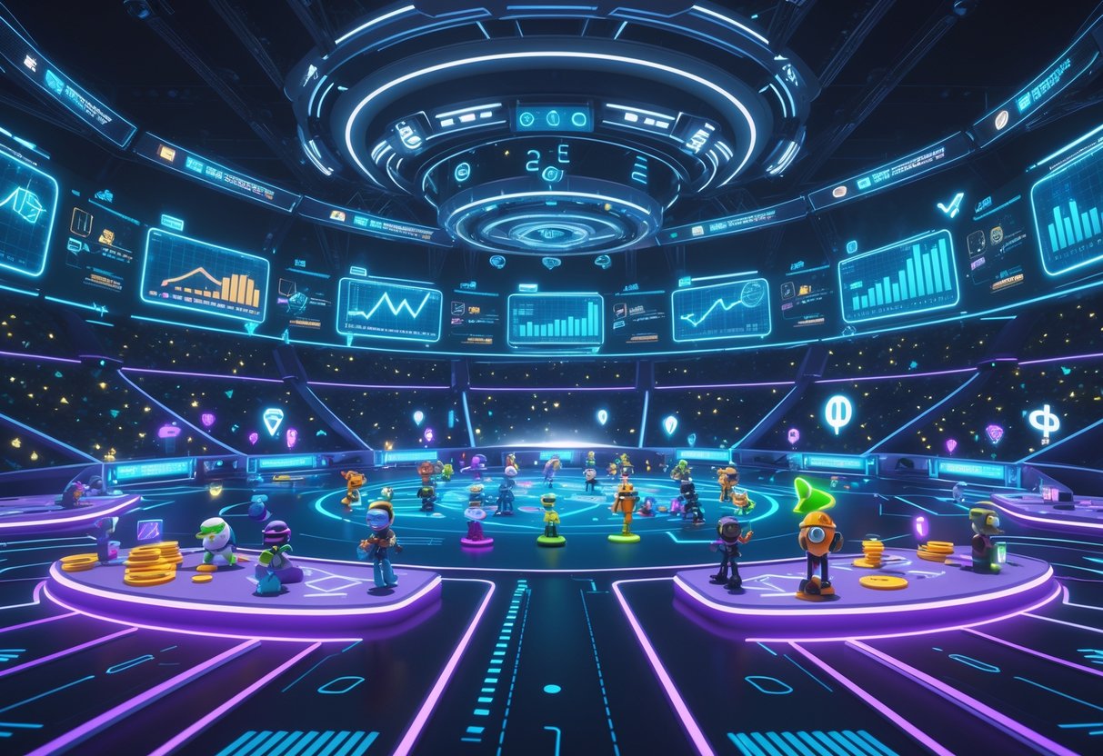 A futuristic virtual tournament arena filled with digital avatars competing, surrounded by holographic screens showing graphs and digital currency symbols, with marketplaces where avatars trade digital assets.