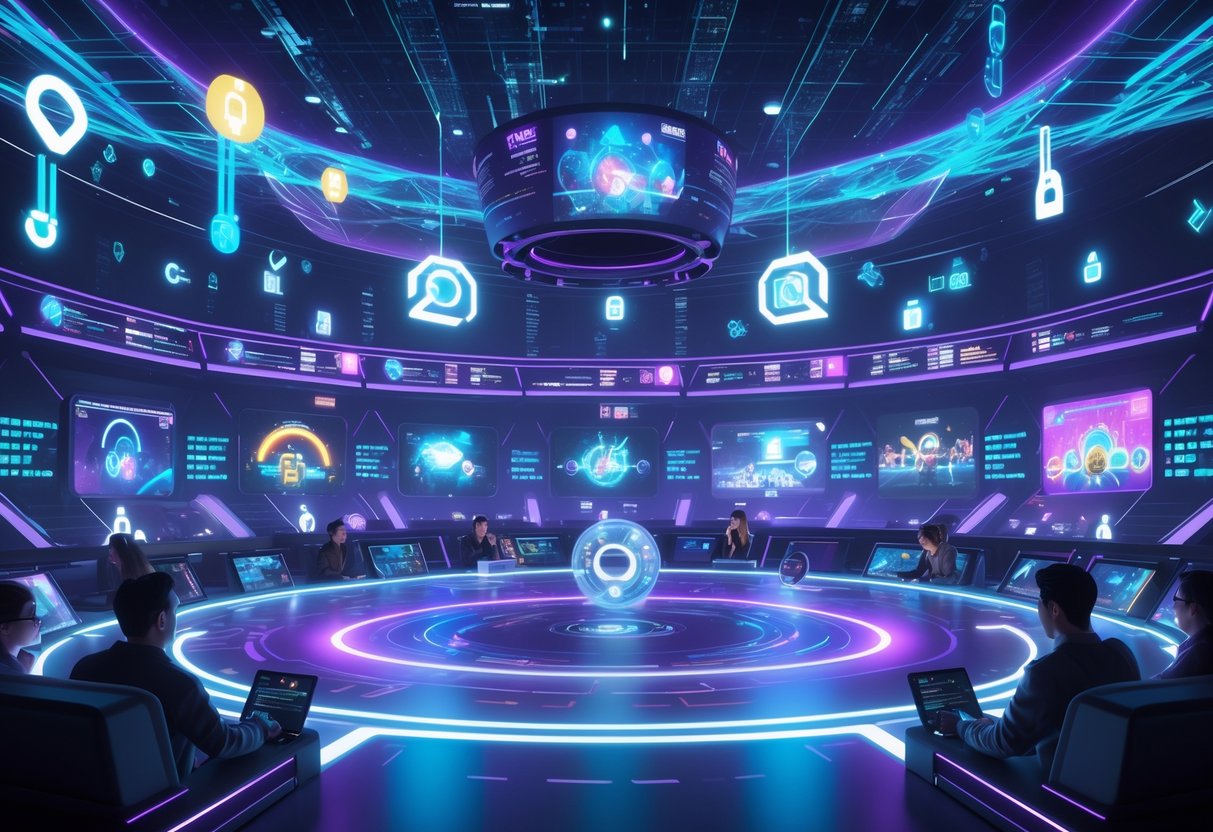A virtual tournament arena with avatars competing surrounded by holographic displays and symbols representing ethical challenges like privacy and fairness.