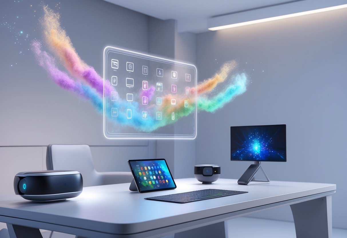 A futuristic workspace with a holographic display showing interconnected devices and colourful glowing particles representing scents emitted from small devices around it.
