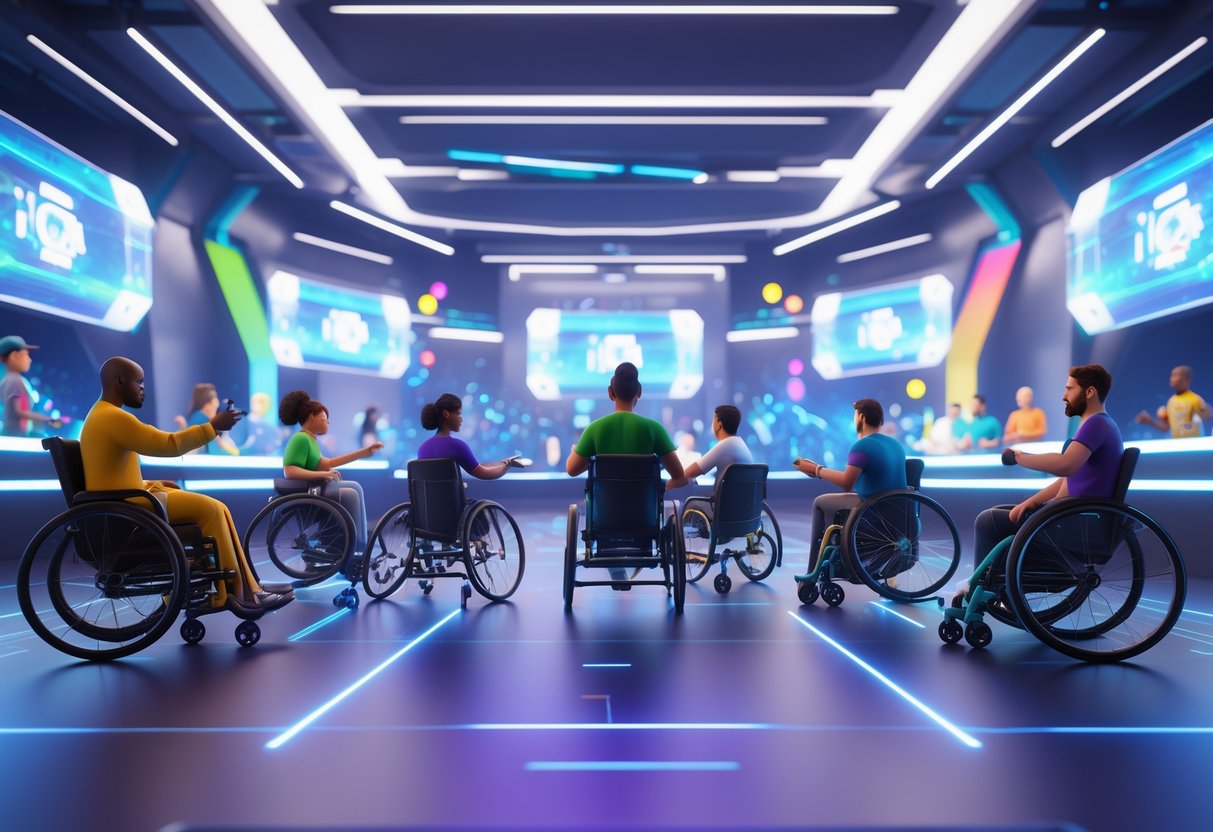 A futuristic virtual tournament arena with diverse avatars including people of different ages, genders, skin tones, and abilities competing together in a vibrant digital space.