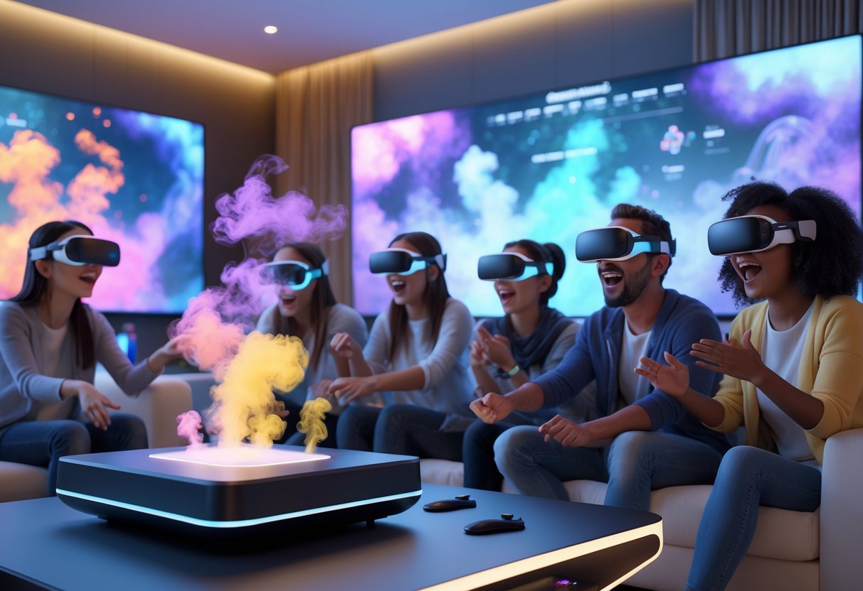 A group of people in a living room enjoying a futuristic gaming system that releases scented vapours, showing excitement and surprise as they play.