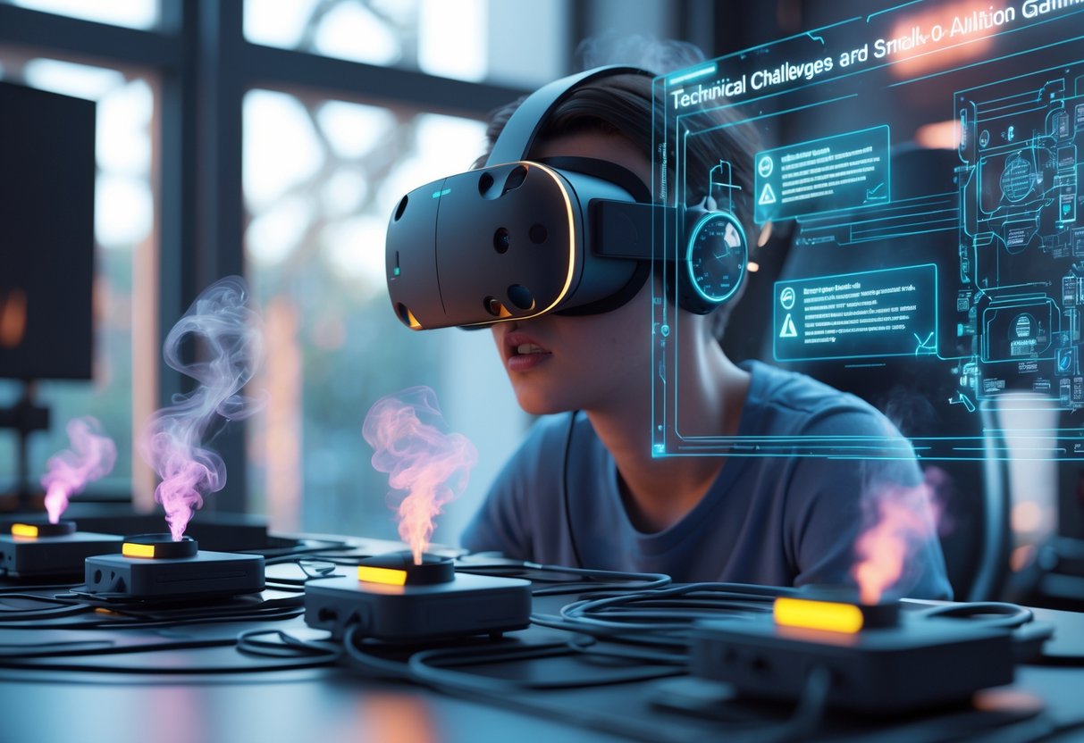 A person wearing a VR headset surrounded by scent-emitting devices with colourful vapour, looking frustrated amid holographic error icons in a modern gaming room.
