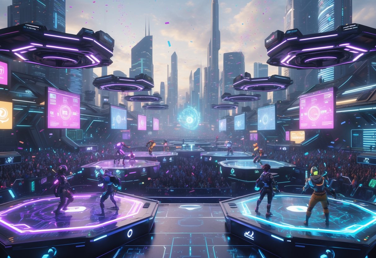 A futuristic digital city with floating holographic tournament stages where avatars compete in virtual games surrounded by crowds of spectators.