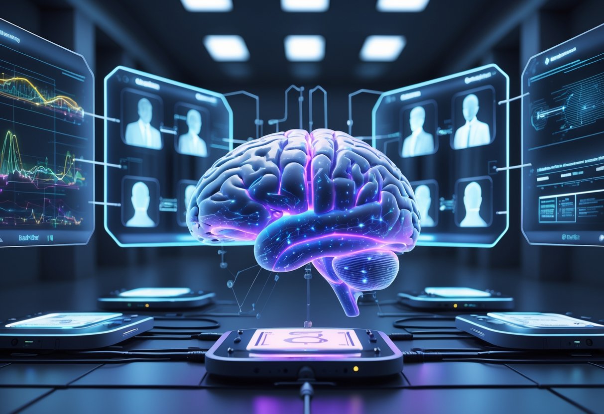 A 3D scene showing a glowing human brain connected to advanced brain-computer interface devices with holographic data displays in a modern laboratory setting.