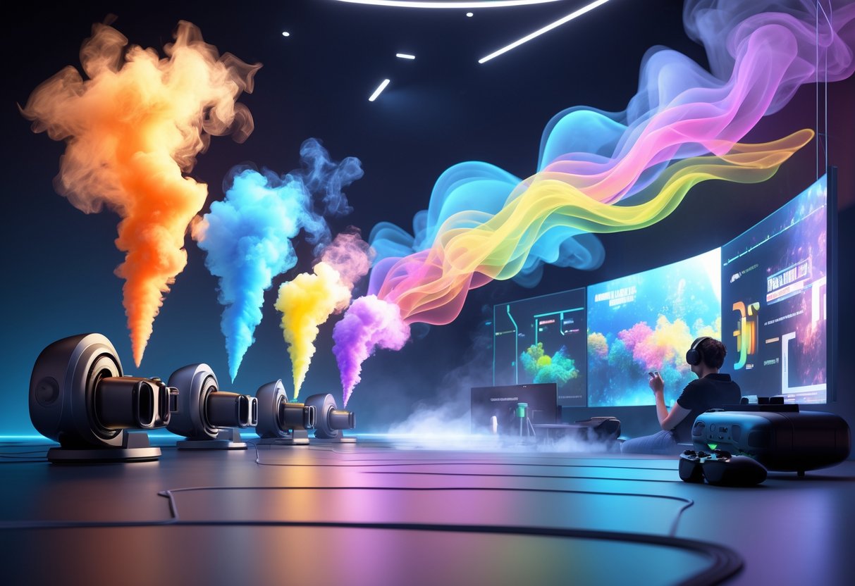 A 3D scene showing the progression of scent technology in gaming, from early mechanical devices to futuristic VR headsets emitting colourful scent waves around a player.