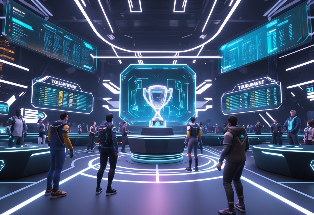 A 3D scene showing a futuristic digital arena with avatars gathered around holographic displays and a glowing trophy in the centre.