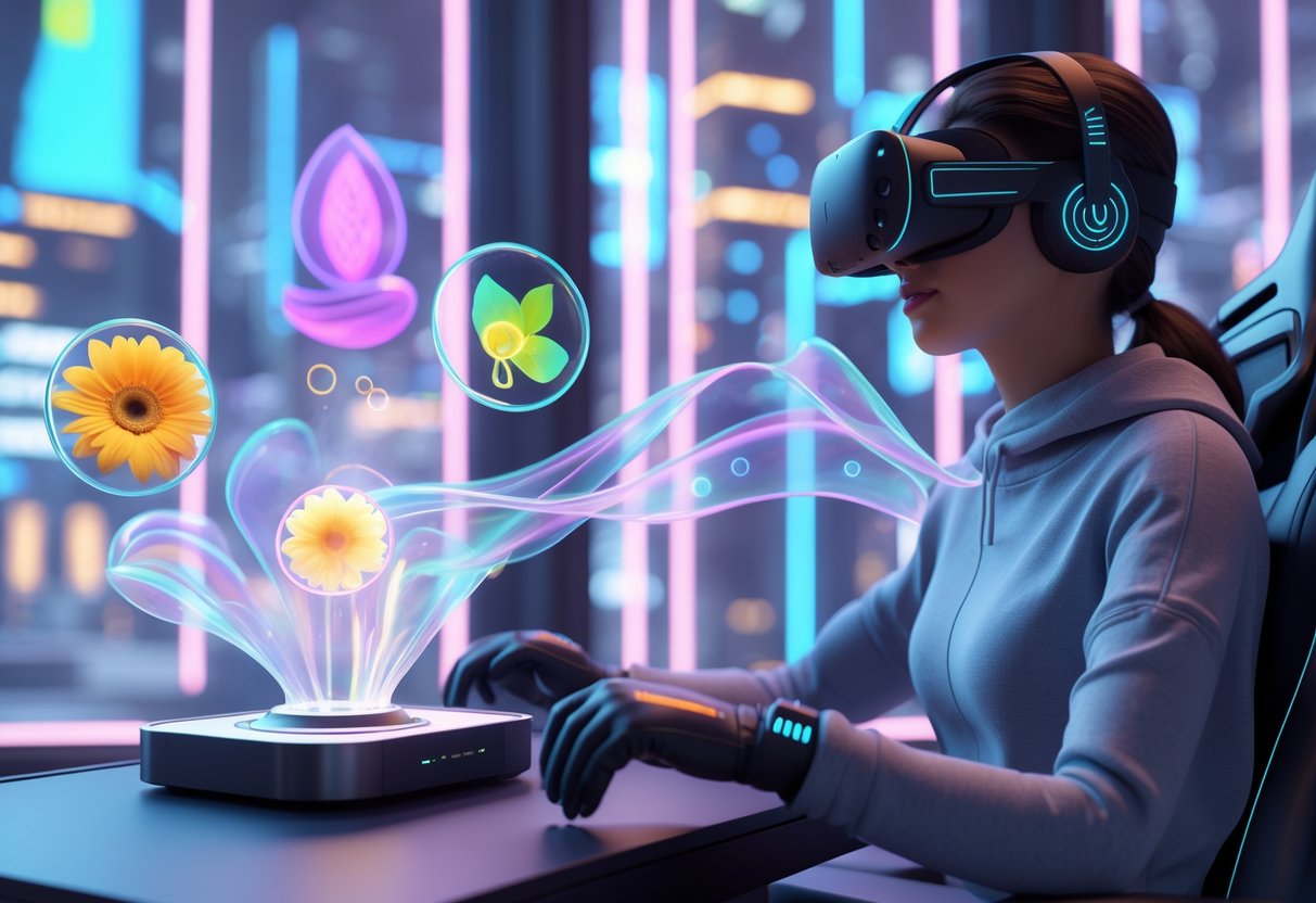 A person wearing a VR headset interacts with a futuristic gaming setup that releases colourful scent waves, surrounded by holographic scent icons and a cityscape visible through windows.