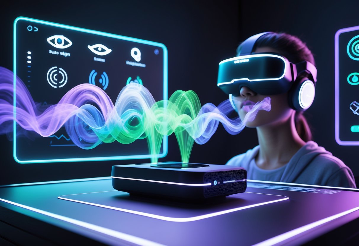 A person playing a futuristic video game with visual, sound, touch, taste, and smell sensations represented by glowing icons and colourful scent vapours flowing towards their nose.