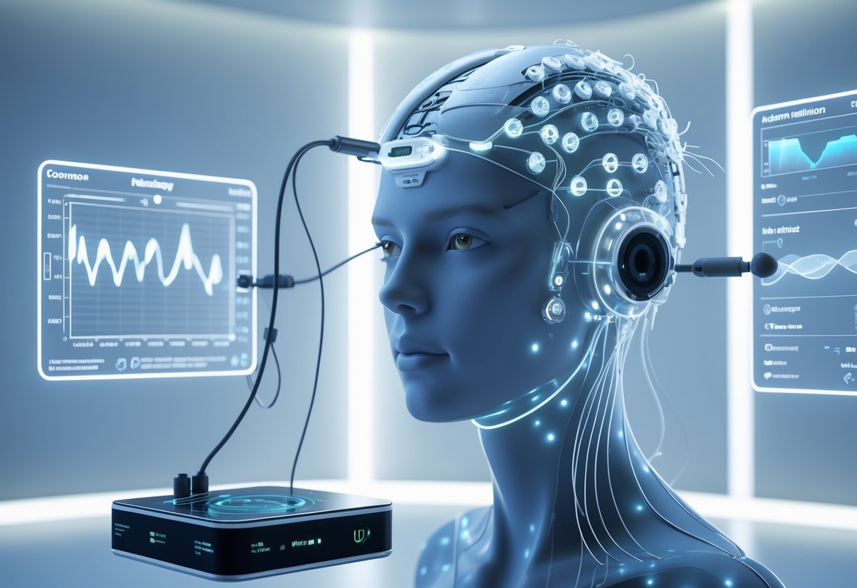 A person wearing a brain-computer interface headset connected to a control device, surrounded by holographic neural activity displays in a clinical setting.