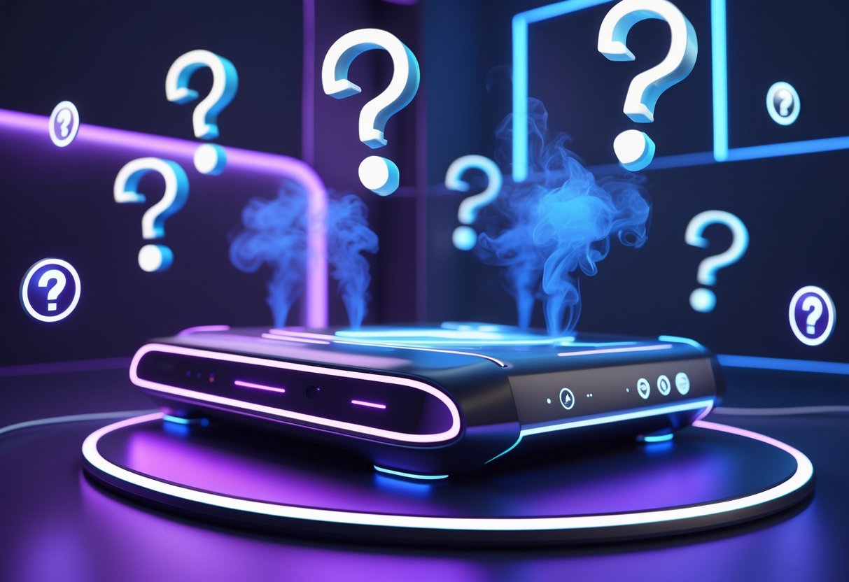 A futuristic gaming console emitting vapour clouds with floating question mark icons around it in a dark, high-tech room.