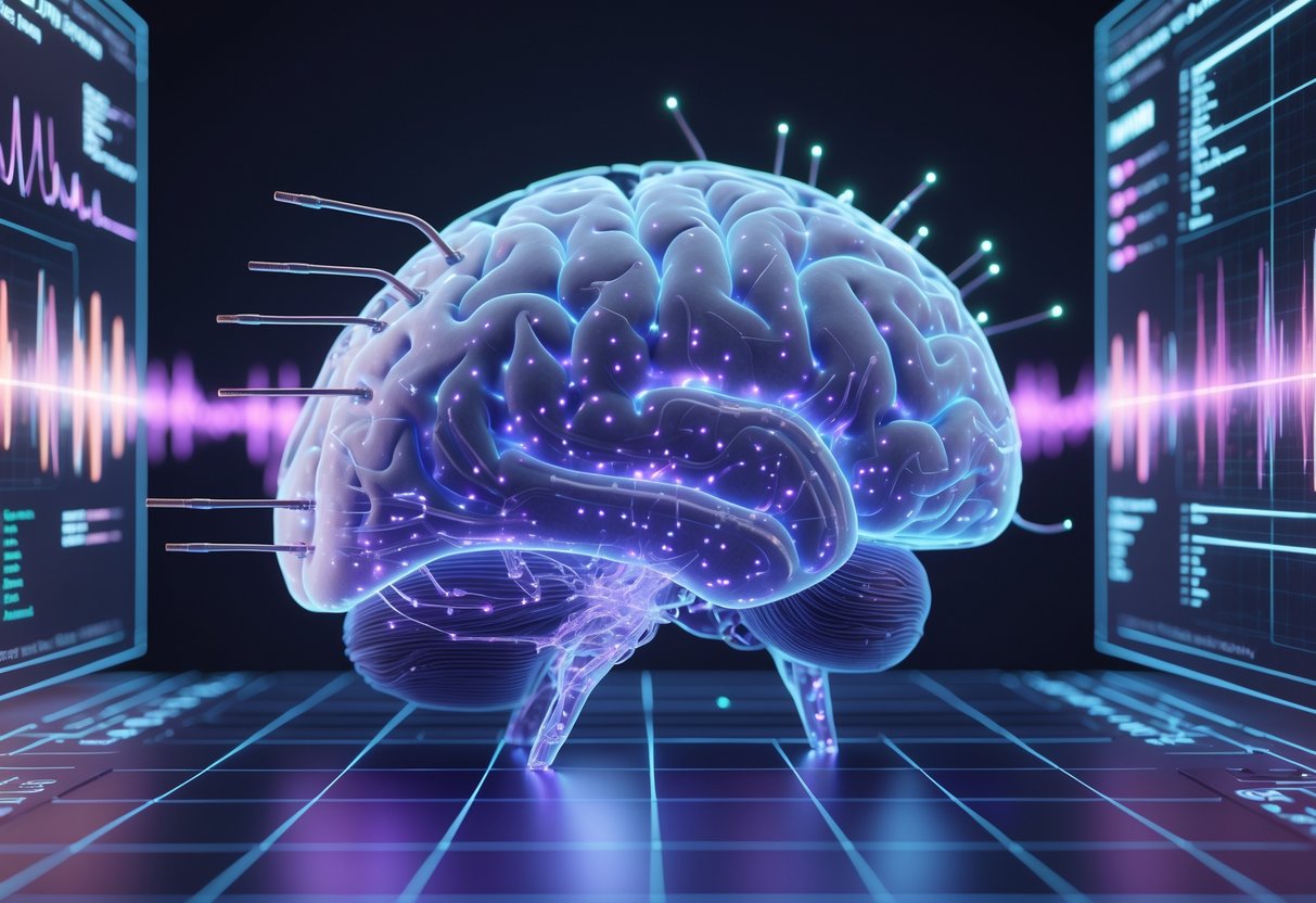 A 3D rendering of a human brain connected to advanced brain-computer interface devices with glowing neural networks and digital data streams around it.