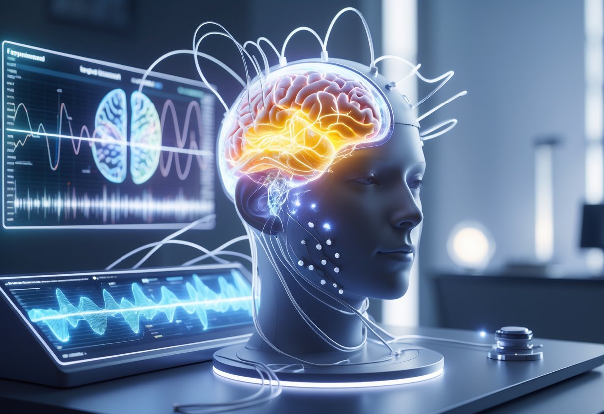 A human head with sensors attached, showing a glowing brain connected to a high-tech control panel with holographic brain activity displays in a modern laboratory.
