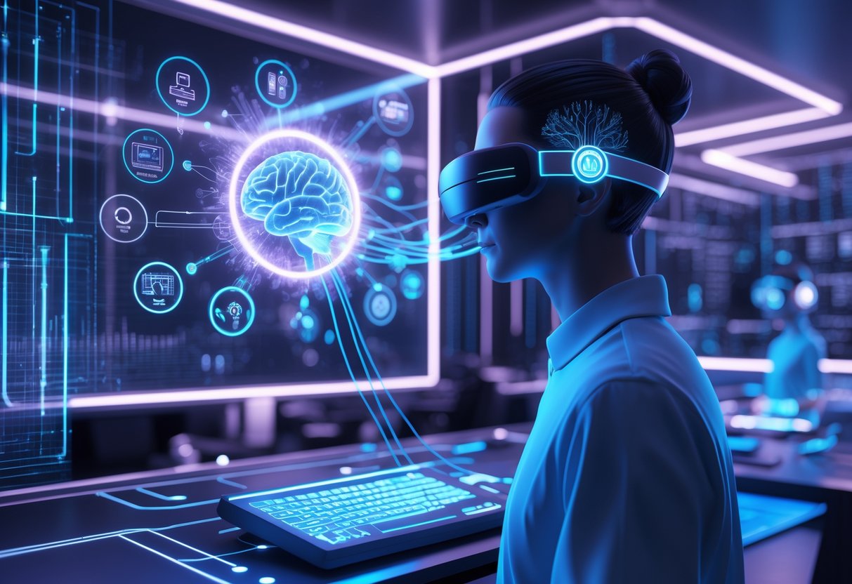 A person wearing a brain-computer interface headset interacts with floating holographic digital displays showing various futuristic applications.