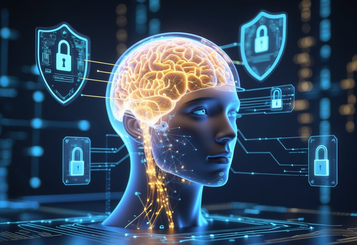 A human head with a transparent skull showing a glowing neural network connected to a brain-computer interface device, surrounded by holographic shields and locks representing safety and privacy, with balanced scales symbolising ethics.