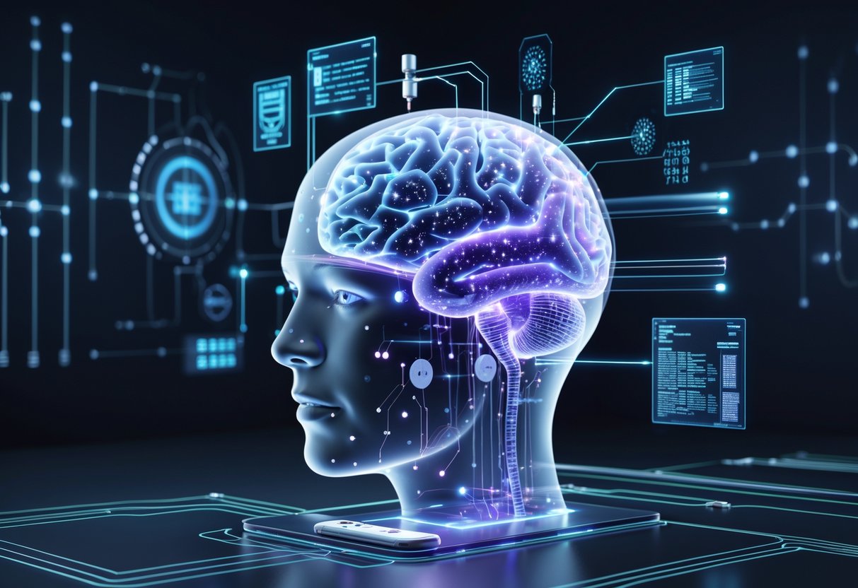 A transparent human head showing a glowing neural network inside, surrounded by advanced brain-computer interface technology with holographic data streams in a dark digital environment.