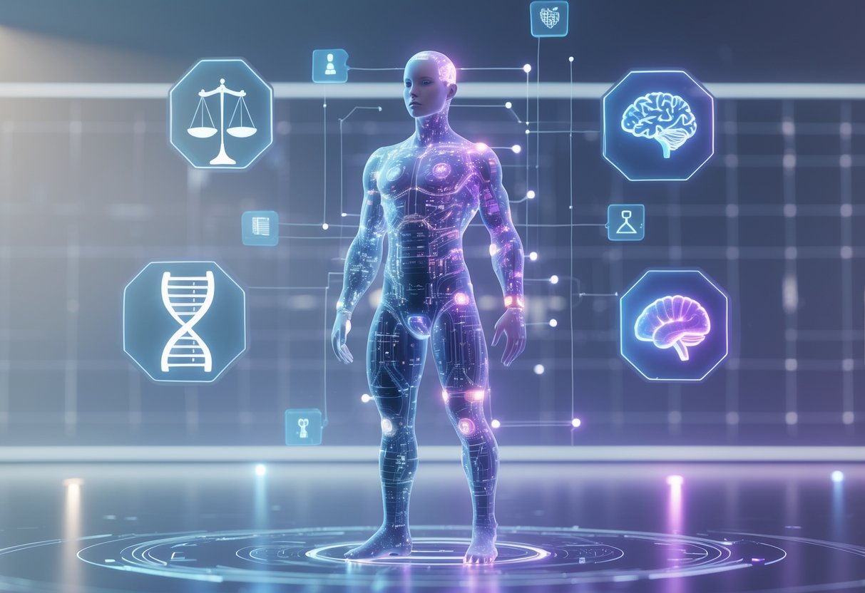 A translucent human figure made of circuits and organic shapes stands surrounded by floating icons representing ethics, DNA, brain connections, and protection against a glowing digital grid background.