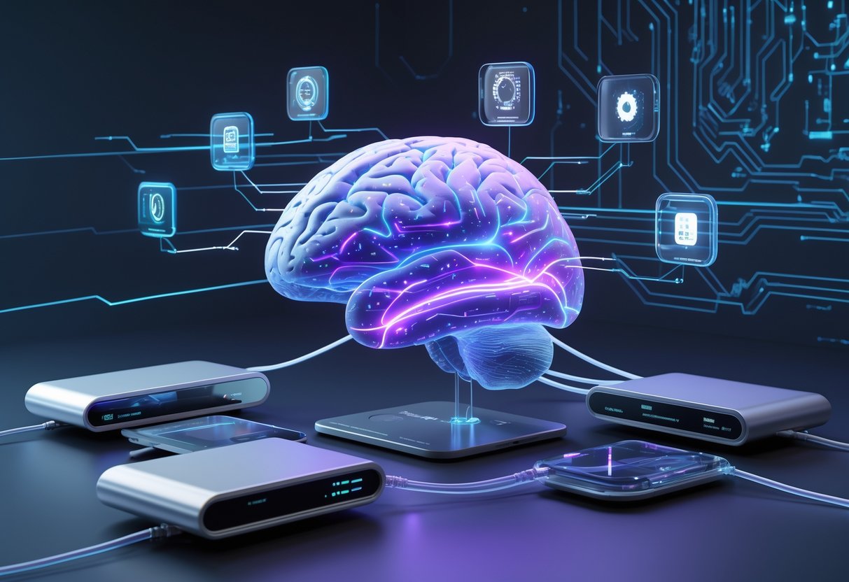 A 3D image showing a human brain connected to advanced devices by glowing cables, with floating holographic icons and data streams around it.