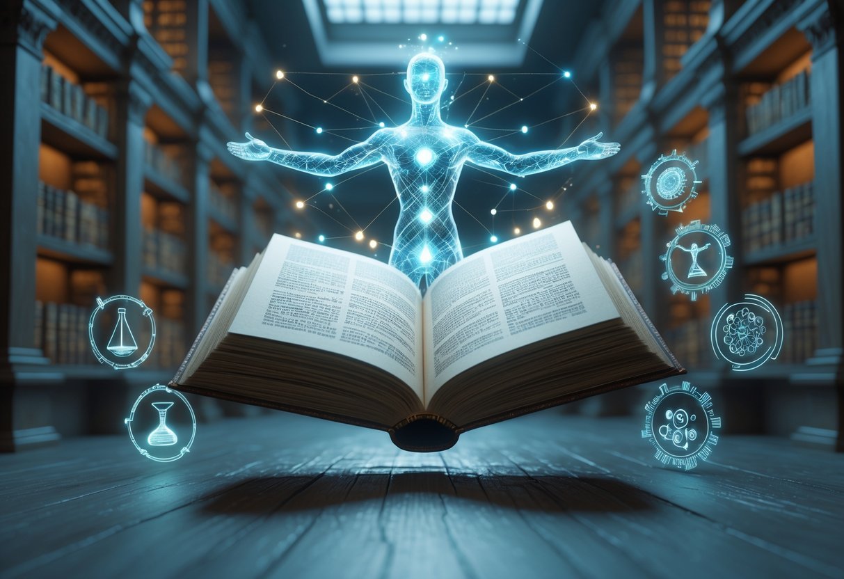 A floating open book surrounded by glowing symbols like a scale, DNA helix, brain, and gears, with a glowing human figure emerging above it in a quiet library.