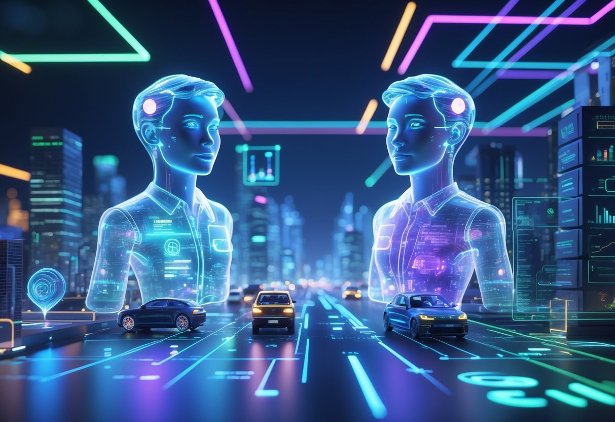 A futuristic city with interconnected smart devices and holographic digital twins showing real-time data, all linked by glowing networks representing advanced wireless connectivity.