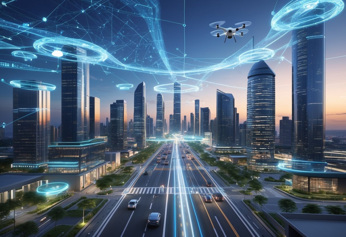 A futuristic city with tall buildings, flying drones, electric vehicles, and glowing data streams showing advanced wireless connectivity and smart infrastructure.