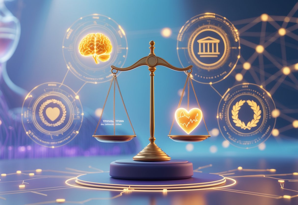 A balanced scale with a glowing brain on one side and a heart on the other, surrounded by symbols representing different ethical theories, set against a futuristic background with digital patterns and a human silhouette.